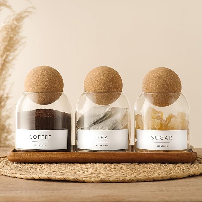 Glass Jars with Cork Lids, 3 Pack Small Decorative Jars with Acacia Tray
