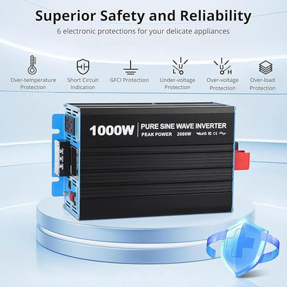 1000W Pure Sine Wave Inverter, 1 USB Port 5v/2.1a, LCD Display&Remote Controller