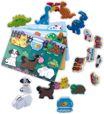 Wooden Chunky Puzzles Set - Dinosaurs, Vehicles and Pets Animals Wooden Puzzles Preschool Early Learning Toy Gift for Kids Toddlers 1-3