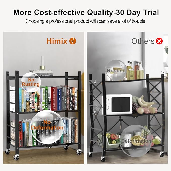 Himix Storage Shelves with 6 Hooks, 3 Tier Foldable Shelf with Wheels, Metal