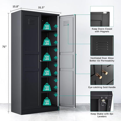 SISESOL Black Storage Cabinet,71" Tall Pantry Cabinet,Kitchen Pantry Storage Cabinets with 2 Doors and 6 Shelves,Wide Deep Metal Food Cupboard for Home,Kitchen,Dining/Living Room