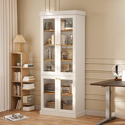 70.8" Tall Farmhouse Kitchen Pantry Cabinet with Glass Doors, Modular Storage Cabinet with 6-Tier Adjustable Shelves, White, Wooden Hutch for Kitchen, Living Room