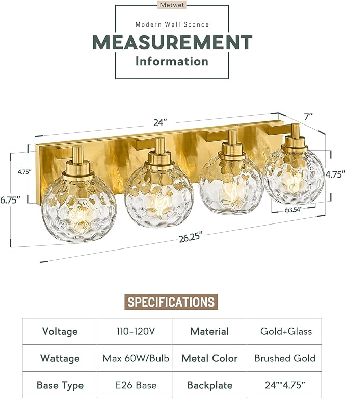 METWET Bathroom Light Fixtures Over Mirror, 4-Light Modern Sconces Wall Lighting