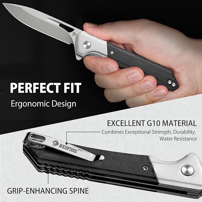 NedFoss ELF Pocket Knife, 3.3" D2 Blade EDC Knife with G10 Handle, Flipper Open, Deep Carry Pocket Clip, Lightweight Slim Utility Folding Knives for Men Women