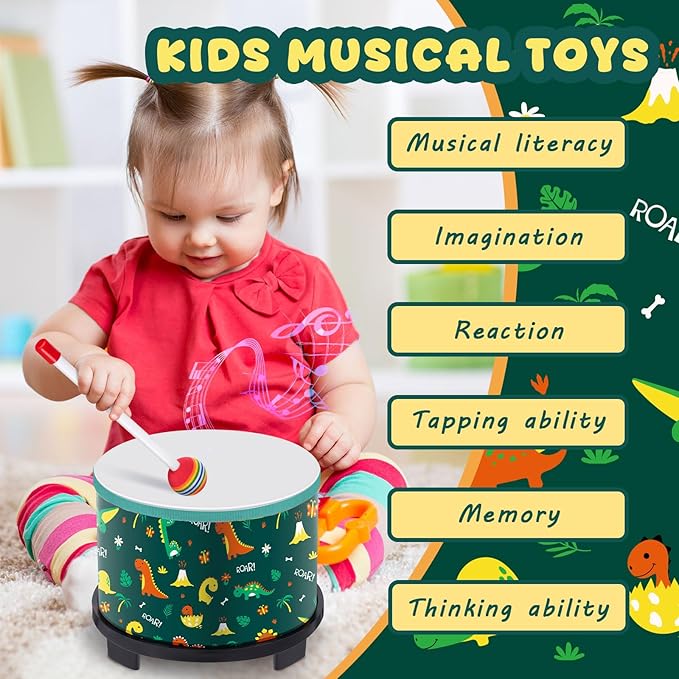 Boao Floor Tom Drum for Kids 8'' W x 6.5'' H Wooden Percussion Instrument Music Drum with 2 Rainbow Mallets Dinosaur Educational Toys for Baby Children Toddler Boy Girl Birthday Gift