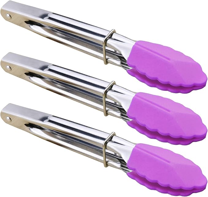 7-Inch Stainless Steel Tongs with Silicone Tips Locking Metal Food Tongs, Set of 3 (Purple)