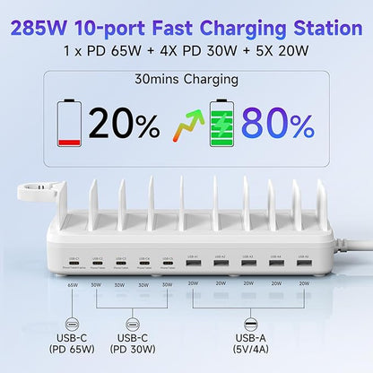285W Charging Station for Multiple Devices, 10 Ports Fast Multi-Device Charger