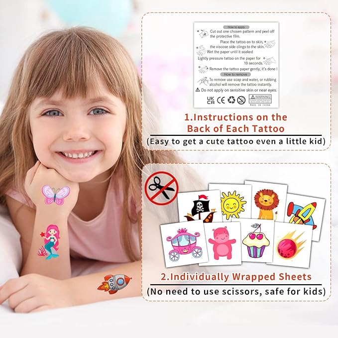 Partywind Individually Wrapped Sheets Kids Temporary Tattoos, Birthday Party Favors Supplies for Boys and Girls, Dinosaur/Mermaid/Pirate Tattoo Stickers for Goodie Bags Stuffers (50 Styles)