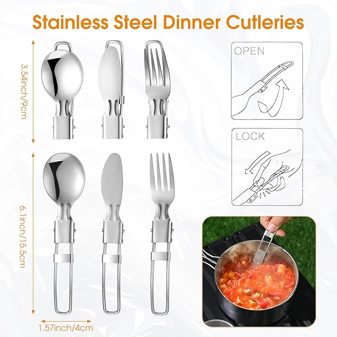 15 Pcs Camp Cooking Set Stainless Steel Camping Cookware Mess Kit with Pot Pan and Stove 2 Set Stainless Steel Cups Plates Forks Knives Spoons for Camping Backpacking Outdoor Cooking Picnic