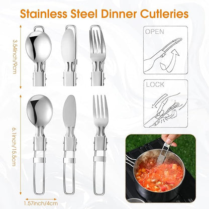 15 Pcs Camp Cooking Set Stainless Steel Camping Cookware Mess Kit with Pot Pan and Stove 2 Set Stainless Steel Cups Plates Forks Knives Spoons for Camping Backpacking Outdoor Cooking Picnic