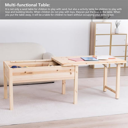 BIRASIL Wooden Kids Table with Storage, Sensory Tables with Folding Lid for Children, Elevated Activity Play Table for Indoor Outdoor, Natural Wood