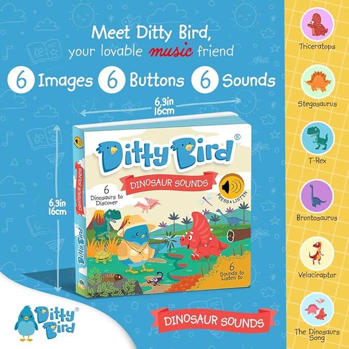 Ditty Bird Dinosaur Book for Toddlers | Realistic Dino Sound Book | Interactive T-Rex Board Books for Toddlers 1-3 | Sensory, Musical Books for Dino Lovers | Sturdy Nursery Rhyme Toys for Baby