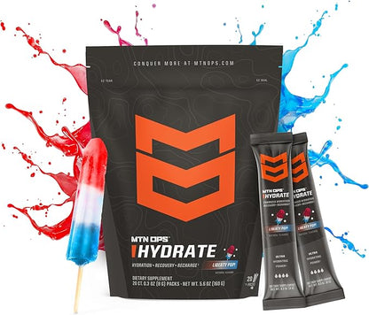 MTN OPS Hydrate Electrolytes Powder Drink Mix, 20 Single Serving On-The-Go Electrolyte Packs with Over 1000mg of Electrolytes per Serving, Liberty Pop