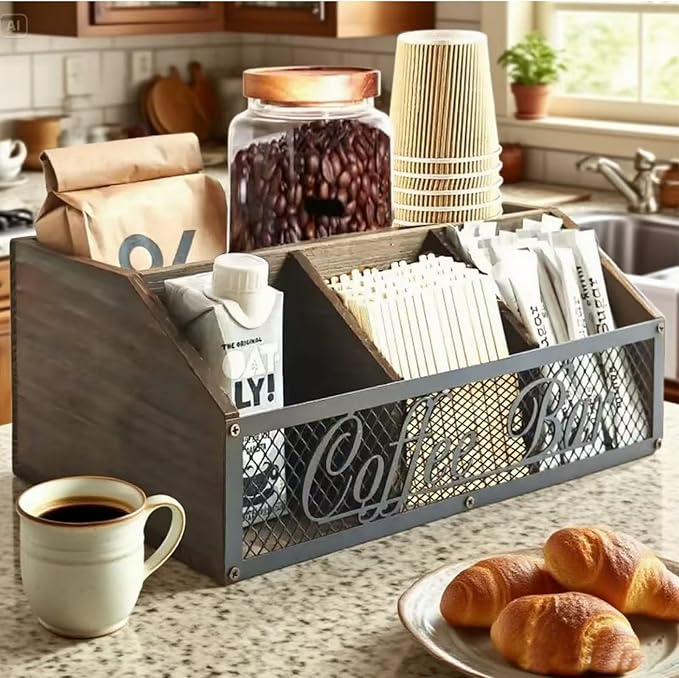 Coffee Station Organizer, Rustic Countertop Coffee Bar Accessories, 4