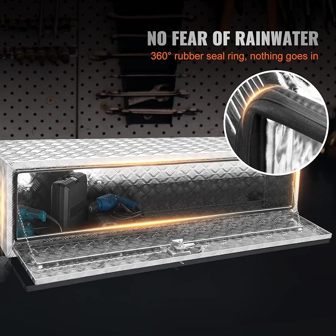 VEVOR Underbody Truck Box, 60"×24"×24" Pickup Storage Box, Heavy Duty Aluminum Diamond Plate Tool Box with Lock and Keys, Waterproof Trailer Storage Box with T-Handle Latch for Truck, Van, Trailer