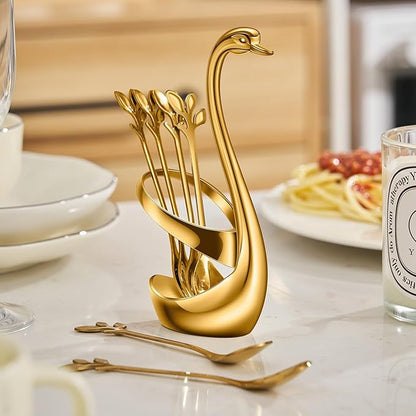 AnSaw Gold Small Coffee Spoon Holder Set, Swan Base