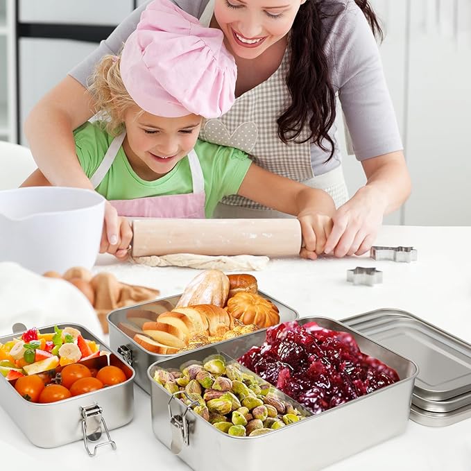 304 Stainless Steel Bento Box,3 Pack Stainless Steel Containers With Lids 2400/1400/850ml,Leak-Proof & Stackable Metal Lunch Box Food Storage Containers for Work Work,Picnic