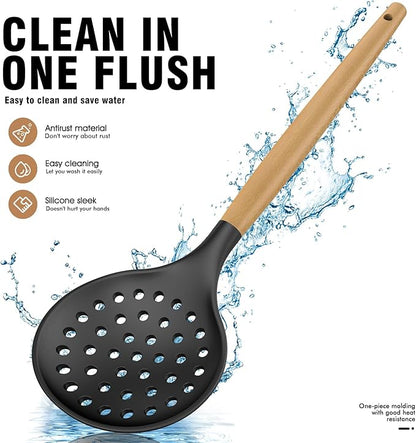 Silicone Cooking Utensils Set Utensil Sets - 446°F Heat Resistant Silicone Kitchen Utensils Set Wooden Handles, Silicone Utensils for Cooking w Holder for Non-Stick Cookware BPA FREE (Black)