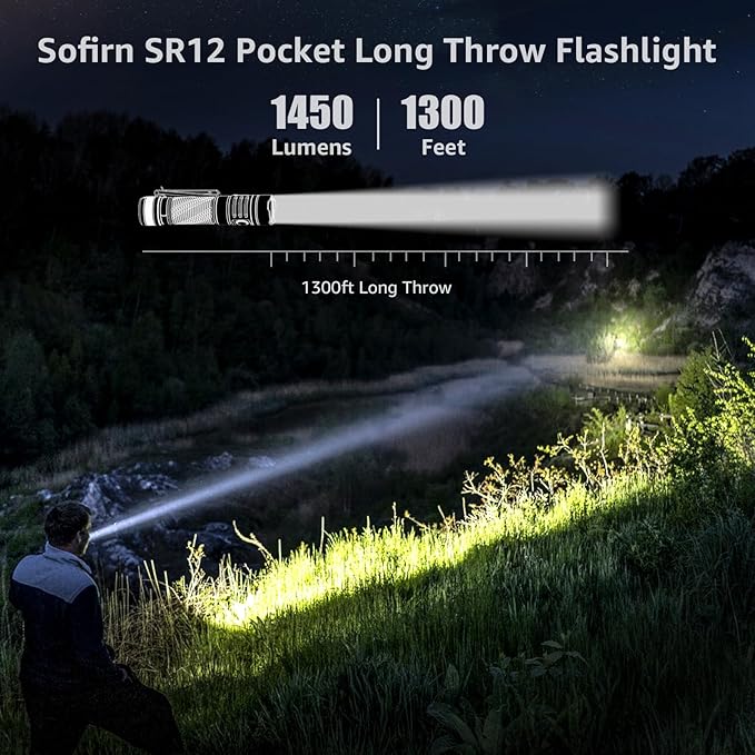 Pocket Flashlight Rechargeable LED Light - Sofirn SR12 Small Flashlights Powerful, Bright EDC Light, 1300ft Long Throw Magnetic Flashlight High Lumens, IP68 Waterproof, Simple UI, Compact for Outdoor