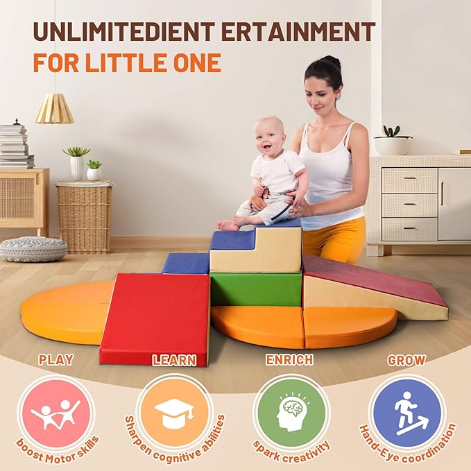 9-Piece Climbing Foam Blocks: Soft PU Leather - Baby Climb and Crawl Activity Blocks - Kids Play Gym Equipment Indoor for Development