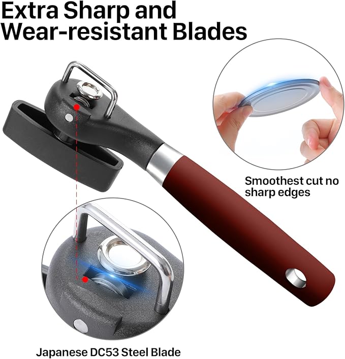 Beneno Can Opener, Manual Side Safe Cut Can Opener Smooth Edge with Durable Sharp Blade, Effort-Saving Knob & Comfortable Non-slip Handle, Red