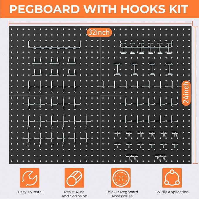 INCLY 70PCS Pegboard Wall Organizer, 4PCS Metal Peg Board Panels with 66PCS 1/4" Pegboard Hooks Accessories Kit, Black Peg Board for Walls Home, Garage Tool Storage, Workbench Organization