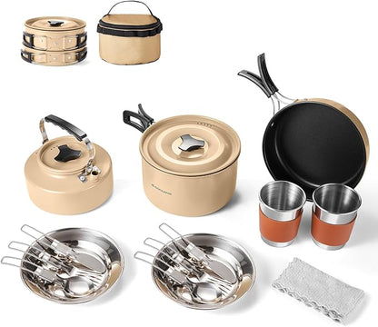Odoland 15pcs Camping Cookware Mess Kit, Non-Stick Lightweight Pot Pan Kettle Set with Stainless Steel Cups Plates Forks Knives Spoons for Camping, Backpacking, Outdoor Cooking and Picnic