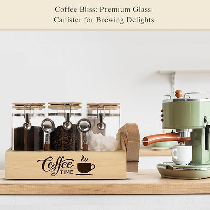Glass Coffee Canister Set with Shelf & Spoons 3 Piece Coffee Containers for Ground Coffee Coffee Bean Storage Airtight Seal, Coffee Bar Coffee Filter Holder for Kitchen Organization