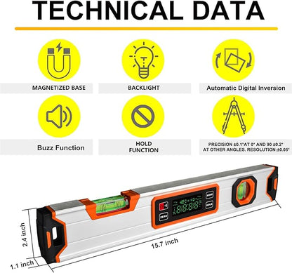eOUTIL 15.7-Inch Digital Torpedo Level & Angle Finder – IP54 Waterproof