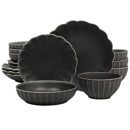 Gibson Elite Malibu Shore 16 Piece Scallop Stoneware Reactive Glaze (Service for 4) Ceramic Plates and Bowls Dinnerware Set - Black