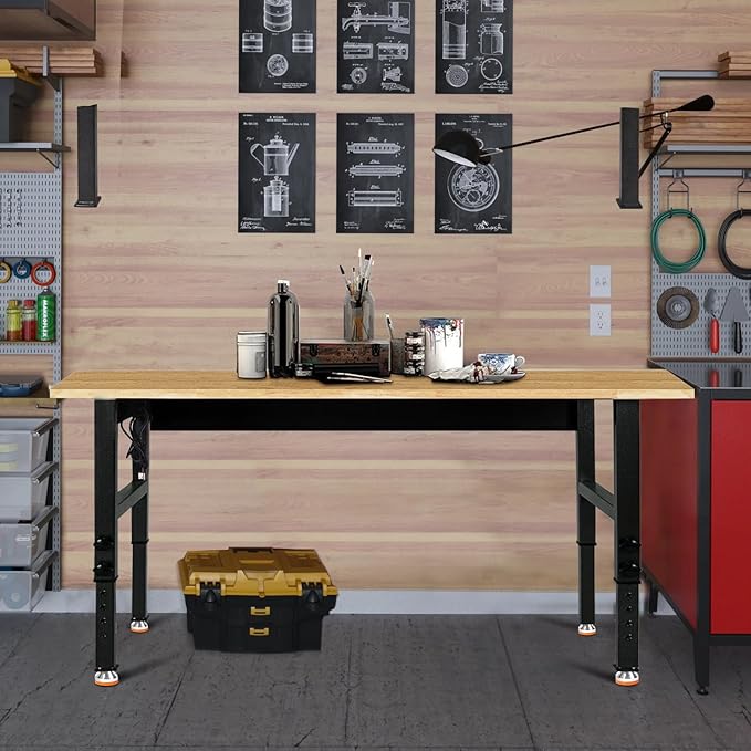 48" Adjustable Work Bench, Rubber Wood Top Workbench Heavy-Duty Work Table with Power Outlet, 2000 LBS Load Capacity Hardwood Work Benches for Garage, Workshop, Home, Office, Easy Assembly