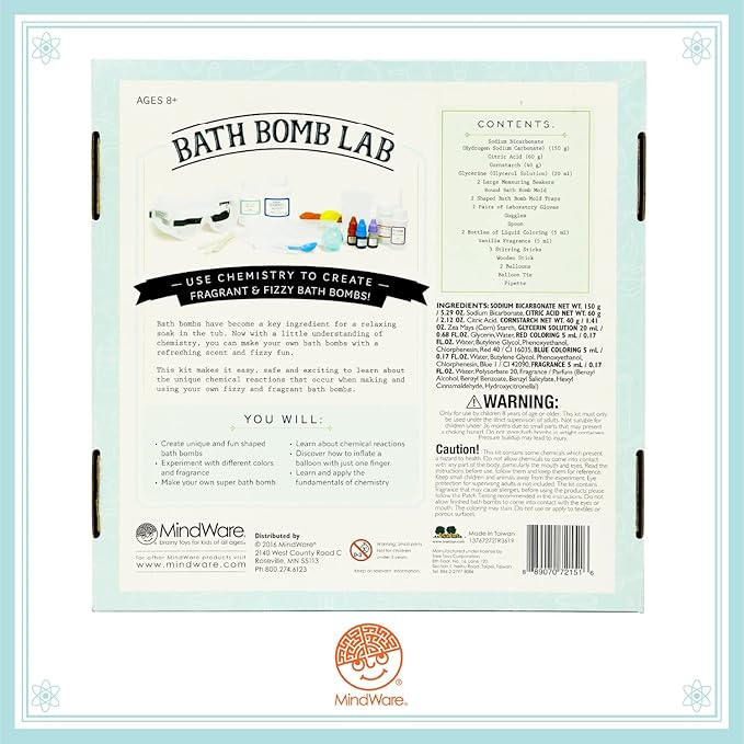 MindWare Science Academy Bath Bomb lab - A 20pc DIY Experiment kit for Boys & Girls - Make 4+ Bath Bomb Experiments - Great Gift for Children & Teenagers