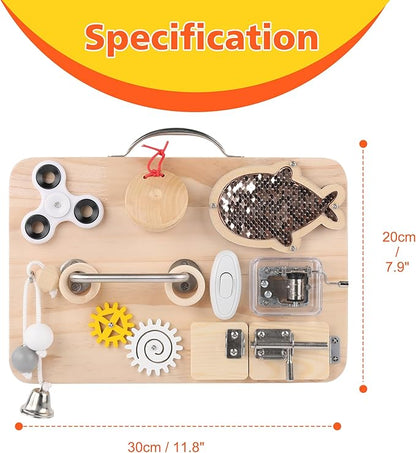 Wooden Busy Board for Toddlers, Montessori Sensory Toys for 1 2 3 4 Year Old, Autism Sensory Toys for Kids Boys Girls, Fine Motor Skills Travel Toys