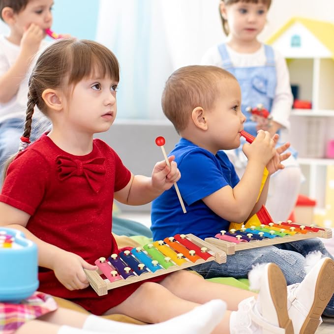 6 Pcs Xylophone for Kids Wooden Xylophone with Mallets Musical Instrument Wood Baby Percussion Kit for Educational Preschool Music Learning