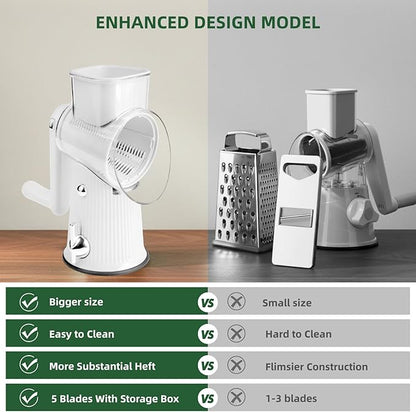 TOPAA Rotary Cheese Grater with Handle Vegetable Shredder with 5 Blades, Round Mando line Slicer and Food Chopper for Kitchen (White)