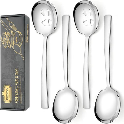 4 Piece Stainless Steel Serving Spoons Set - 2 Large, 2 Slotted, 9.2-Inch, Dishwasher Safe, for Parties/Kitchen/Buffet/Catering