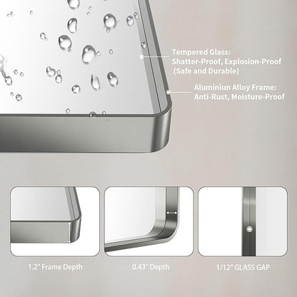 LOAAO 40X24 Inch Brushed Nickel Bathroom Mirror, Rounded Rectangle Silver Metal