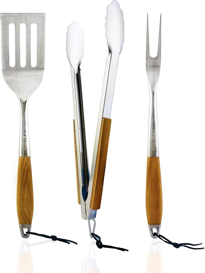 COLSEN Heavy Duty 3-Piece BBQ Grilling Tool Set, Stainless Steel Tongs, Spatula, & Fork, Kitchen Utensils Set, Camping Accessories, Brown