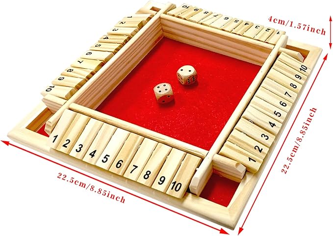 DC-BEAUTIFUL Shut The Box Dice Game, 2-4 Players Classic Board Game for Adults, Wooden Tabletop Game with Dices and Instruction,Math Strategy Game for Christmas Party (Red)