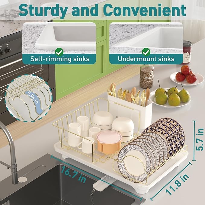 Buruis Dish Drying Rack for Kitchen Countertop, Large Capacity Gold Stainless