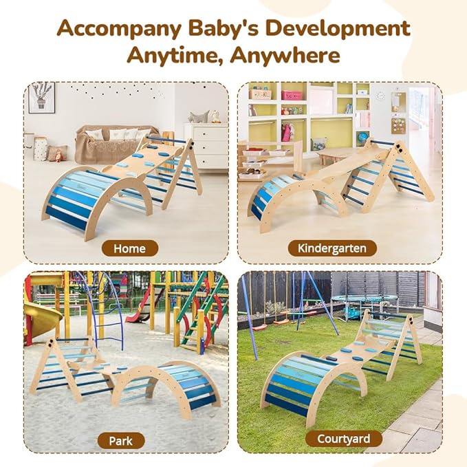 Pikler Triangle Set with Cushion, 8-in-1 Toddler Climbing Toys Indoor, Wooden Montessori Climbing Set with Arch Ramp,Ladder&Tent Cloth, Baby Indoor Climber Jungle Gyms for Toddlers Toy, Blue