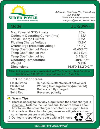 SUNER POWER 20W 12V Solar Battery Charger Maintainer, Built-in Smart MPPT
