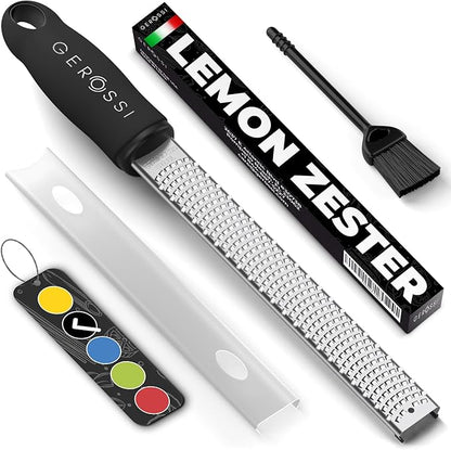 Stainless Steel Cheese Grater & Lemon Zester w/Extra Sharp Blade - Perfect for Lemon, Parmesan, Garlic, Chocolate - Spice Up any Dish in Seconds w/Your Premium Citrus Hand Grater with Handle - Black
