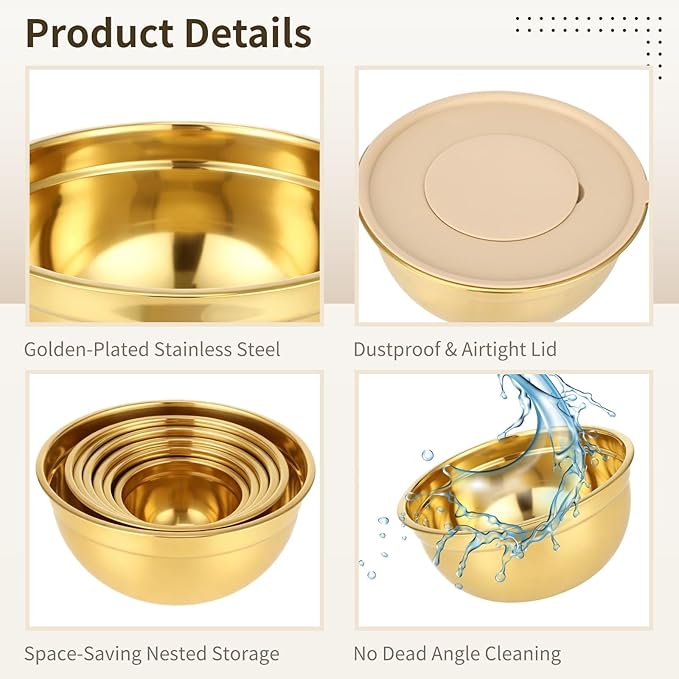 20 PCS Gold Mixing Bowls with Lids Set