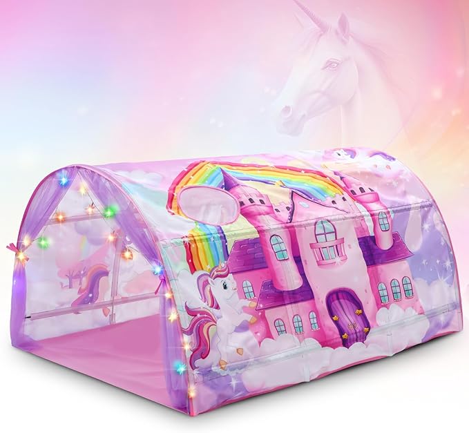 Unicorn Bed Tent for Kids Large Kids Twin Tent Toddler Play Bed with Carry Bag Foldable with String Lights for Girls Boys Bedroom Indoor Games