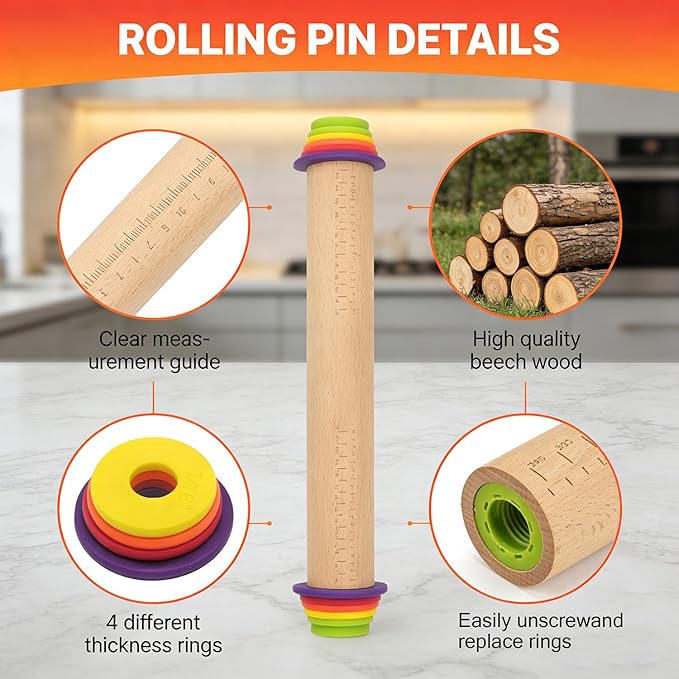 Rolling Pin With Thickness Rings, Adjustable Wooden Rolling Pin Set, 17 inch