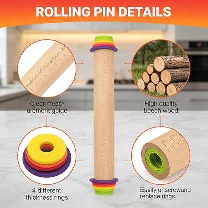 Rolling Pin With Thickness Rings, Adjustable Wooden Rolling Pin Set, 17 inch