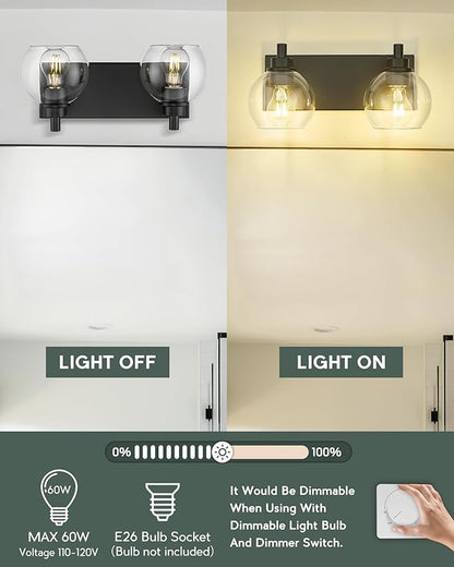 METWET Bathroom Light Fixtures, 2 Light Matte Black Vanity Light, Modern Wall