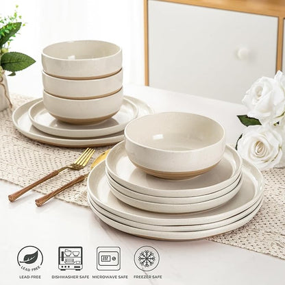 AmorArc Ceramic Dinnerware Sets for 8, 24 Pieces Handpainted Plates and Bowls Set with Rustic Terracotta Underside, Scratch Resistant Stoneware Dishes Set, Dishwasher & Microwave Safe, Light Beige