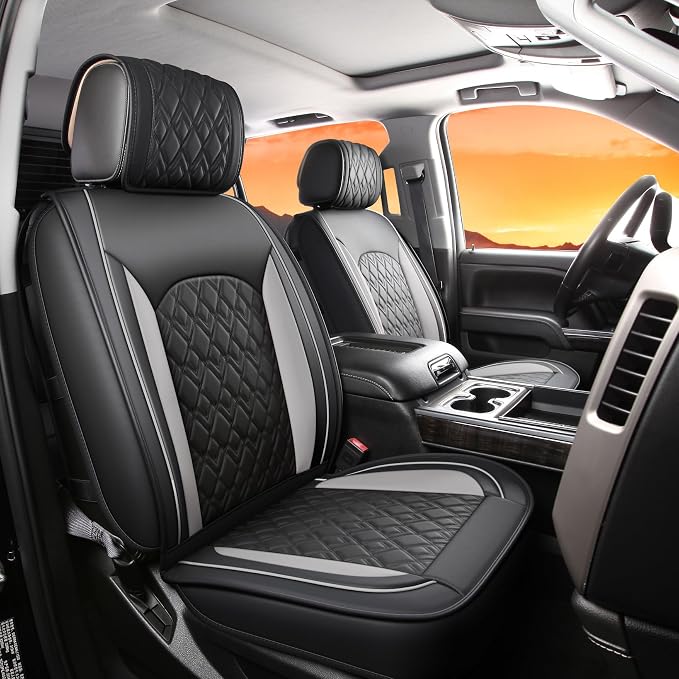 JOJOBAY Chevy Silverado Seat Covers,Leather Seat Covers for GMC Sierra,Custom Fit 2007-2026 1500 2500HD 3500HD Crew Double Extended Regular Cab,LT LZT RST Trail Boss(Front Pair,Black Grey)